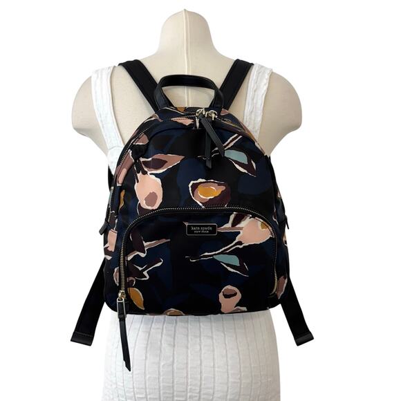 Kate Spade Dawn Paper Rose Medium Backpack Nylon Leather Trim in Black Floral - Picture 1 of 15